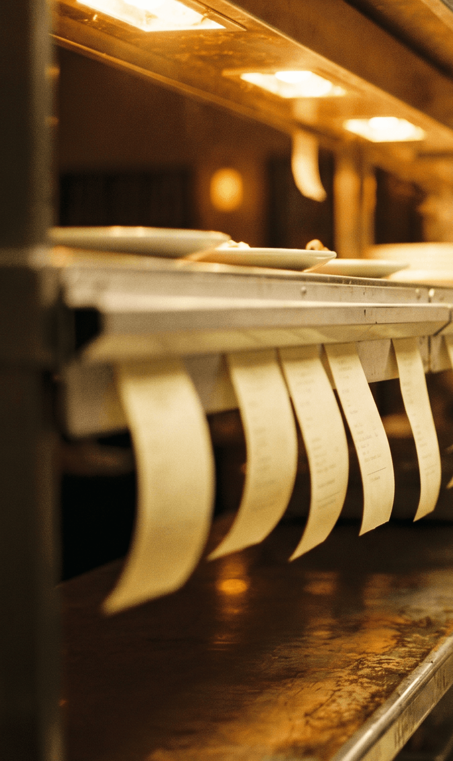 Order tickets hanging on the rail at a busy restaurant kitchen pass, cooks working in the steam behind