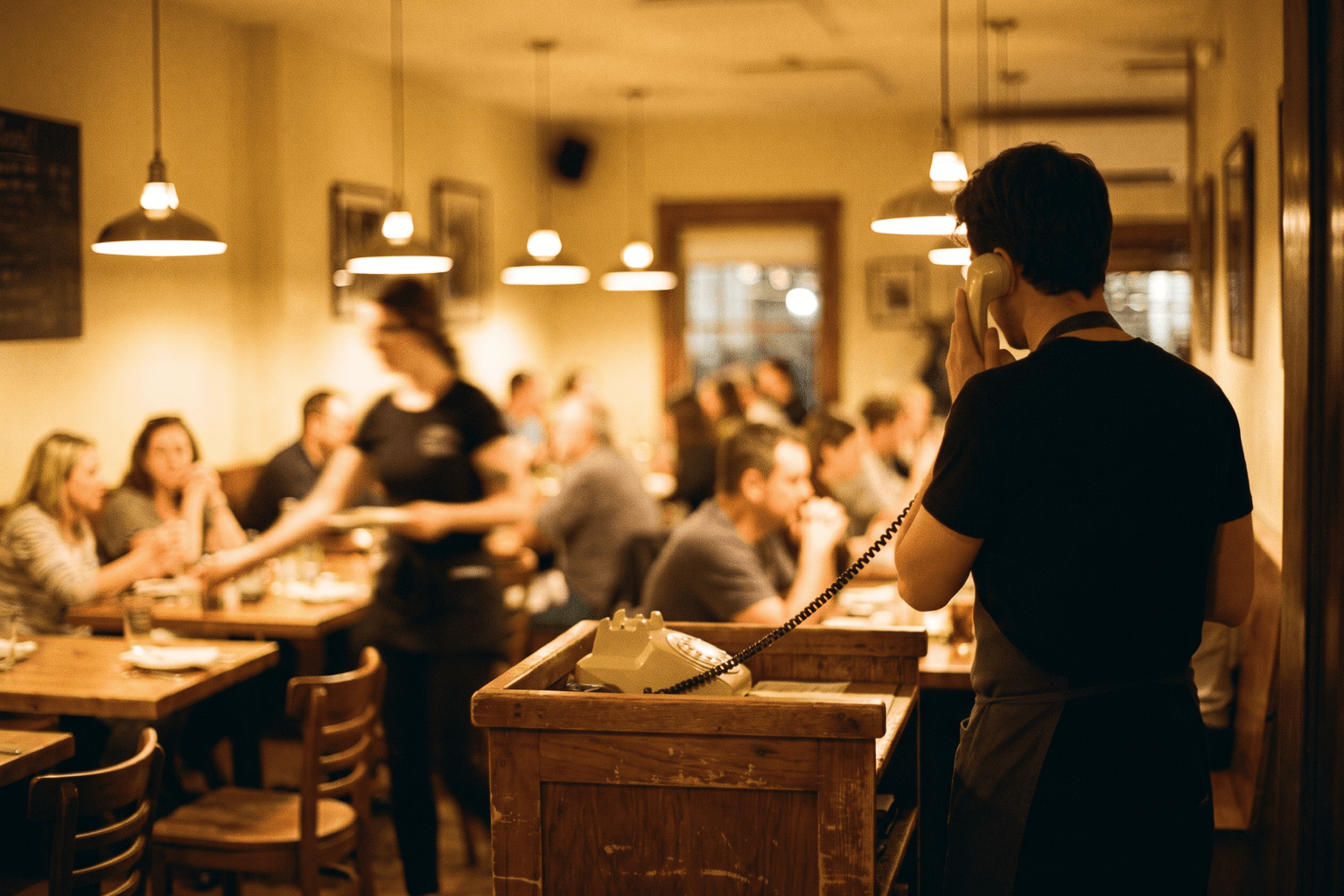 A staff member at the host stand with the phone to their ear, taking a handed-off call while the dining room hums behind them