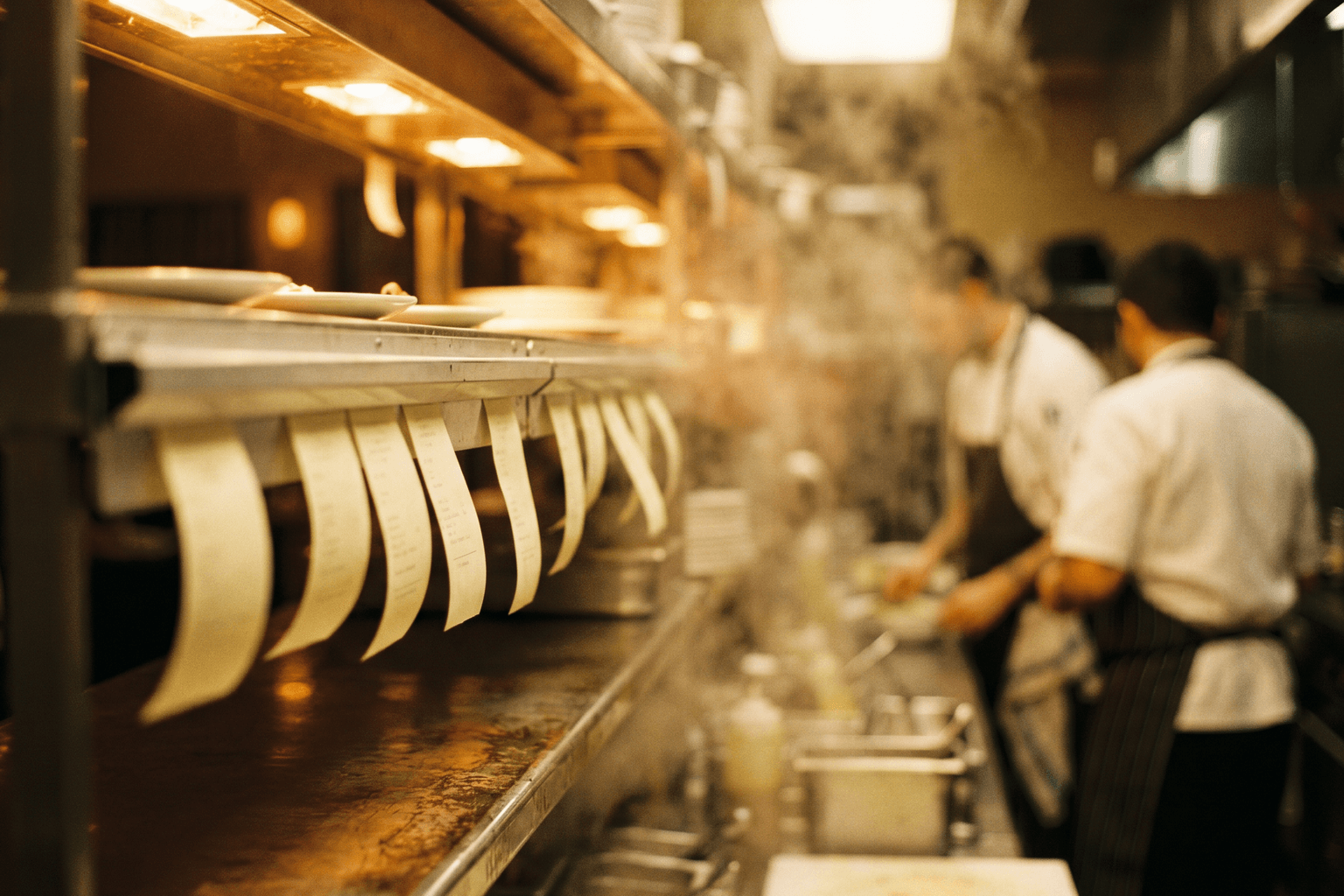 Order tickets hanging on the rail at a busy restaurant kitchen pass, cooks working in the steam behind